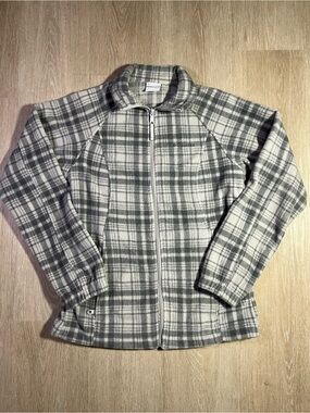 Columbia Gray & White Plaid Fleece Zip Jacket Cozy Classic Chic